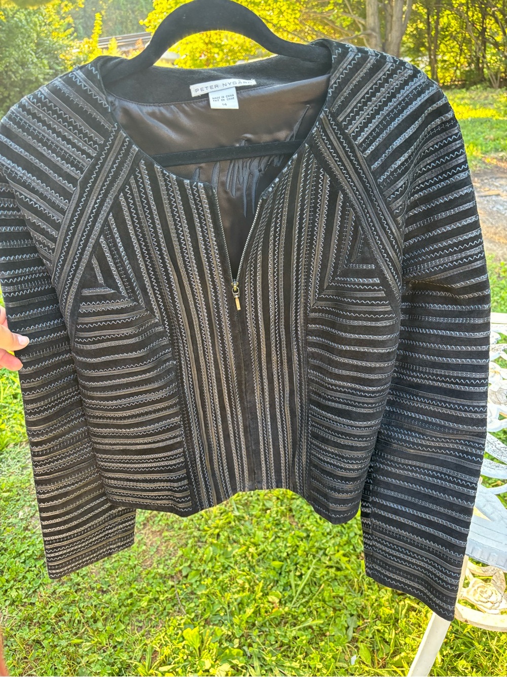 Peter Nygard Black Striped Zip-Front Suede Women's Jacket
